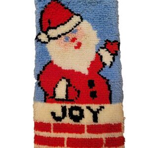 Vintage Christmas Latch Hook Wall Rug Hanging Santa Coming out of the Chimney